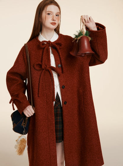 WHITE-RED HOOP TWEED WOOLEN COAT