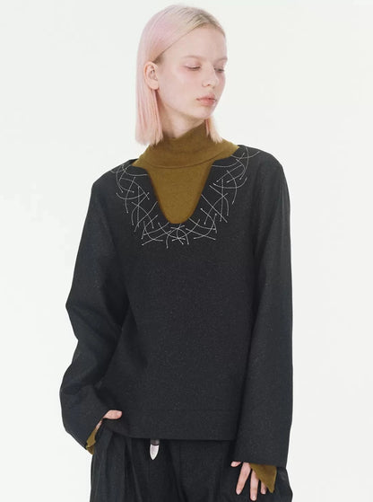 Silver wire thread pullover deep neck tops