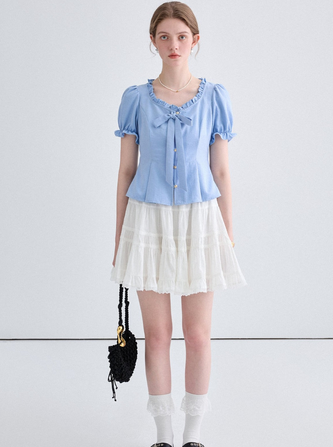 Lace Collar Bow Puff Sleeve Shirt