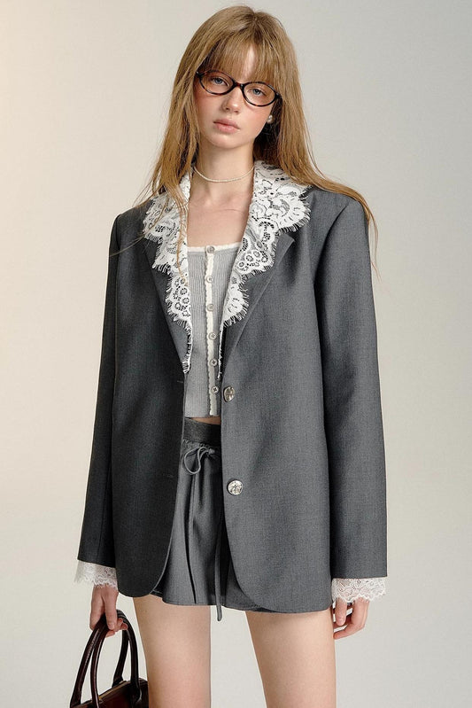 Detachable Lace Collar Suit Coat