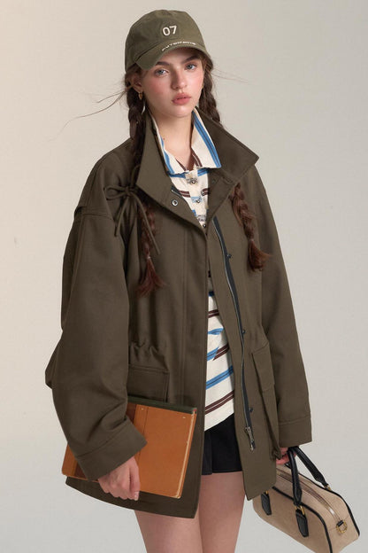 Drawstring Bow Cargo Coat