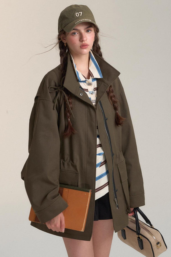 Drawstring Bow Cargo Coat