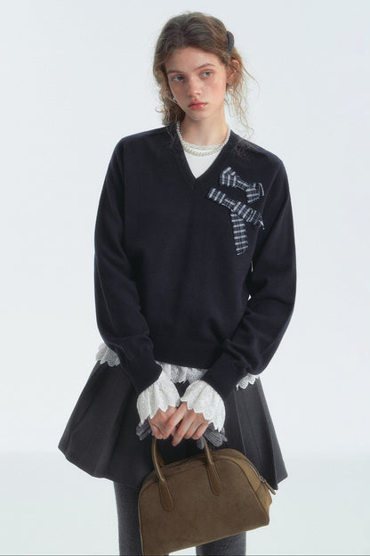 Bow Detail Checked V-Neck Jumper
