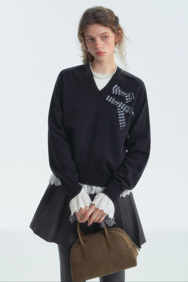 Bow Detail Checked V-Neck Jumper