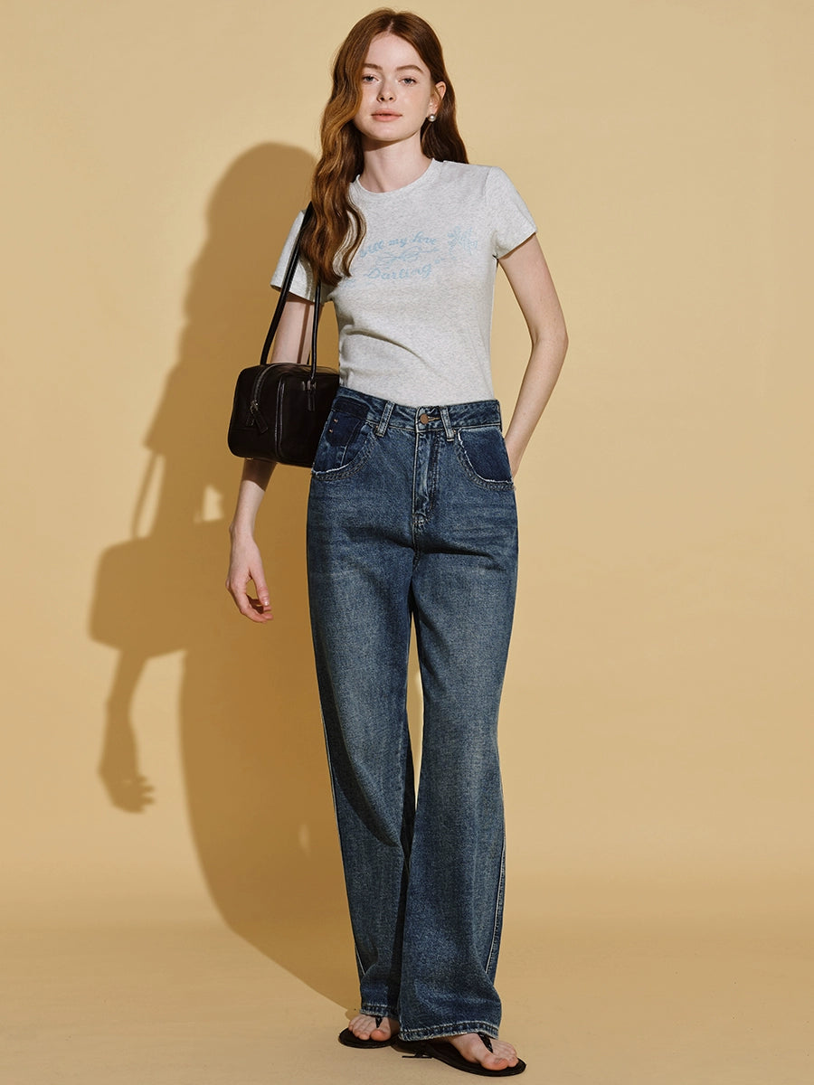 High-Waisted Blue Straight-Leg Jeans