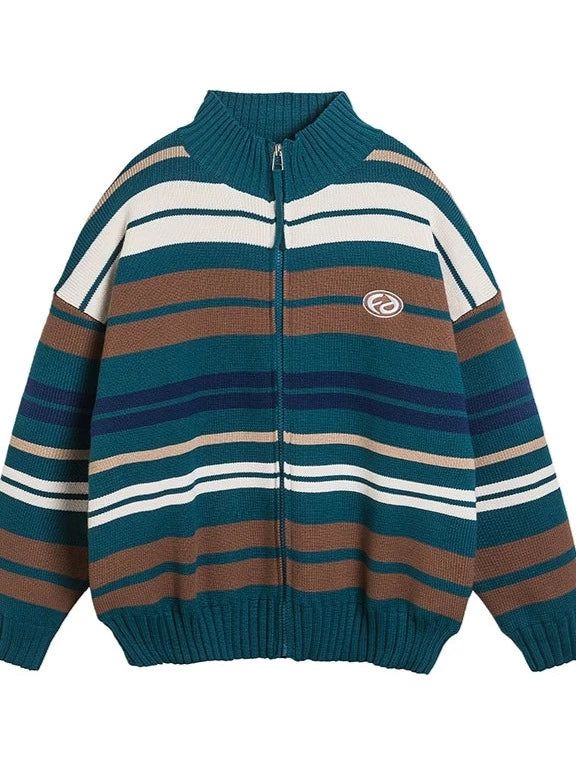 striped half-turtleneck knitted cardigan coat