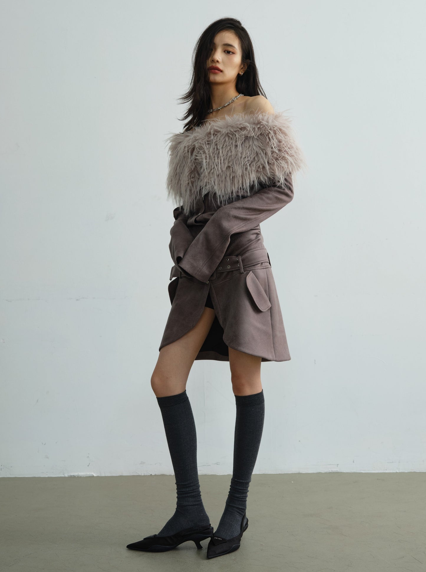 shoulder fur-collared suede dress