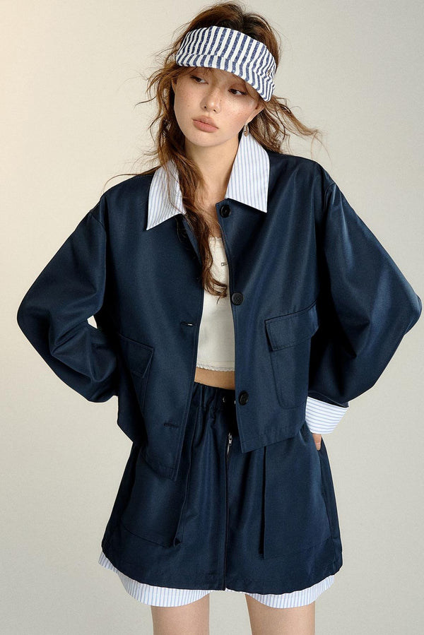 Patchwork Striped Trench Coat Skirt Set-Up