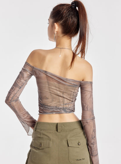 One-Shoulder Pleated Mesh Top