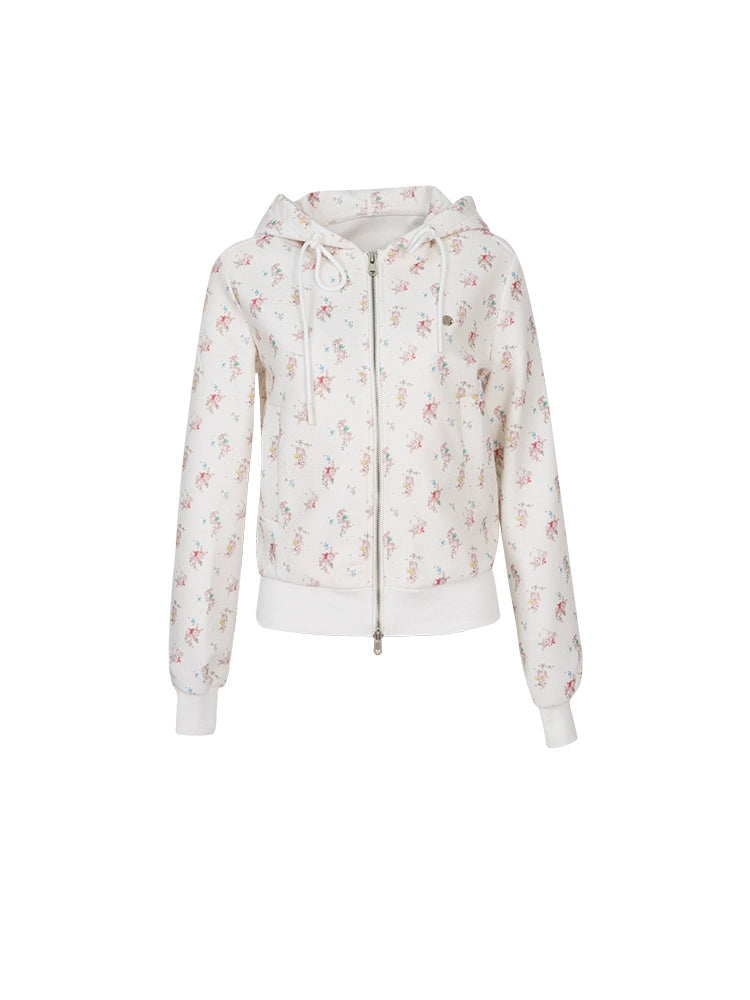 Floral Waffle Hooded Cardigan Jacket