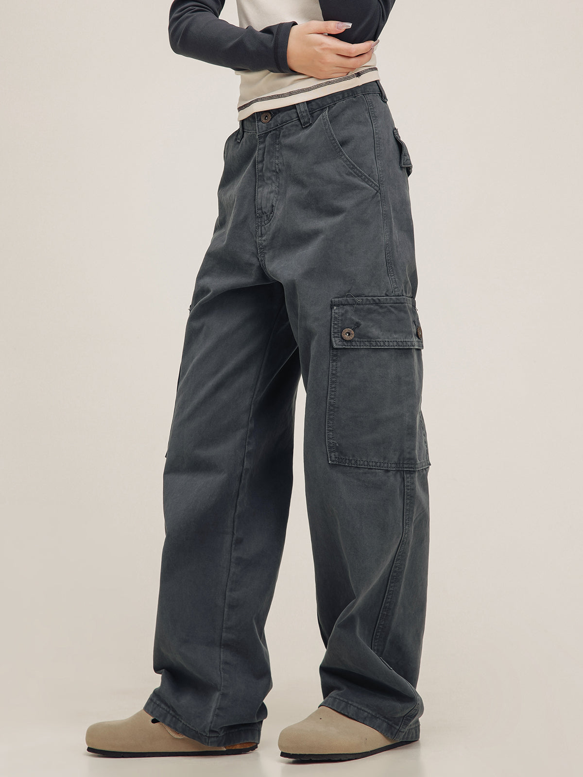 American high street pocket gray pants