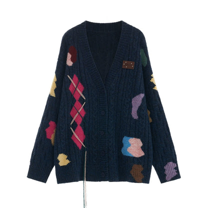 irregular color jacquard cardigan sweater