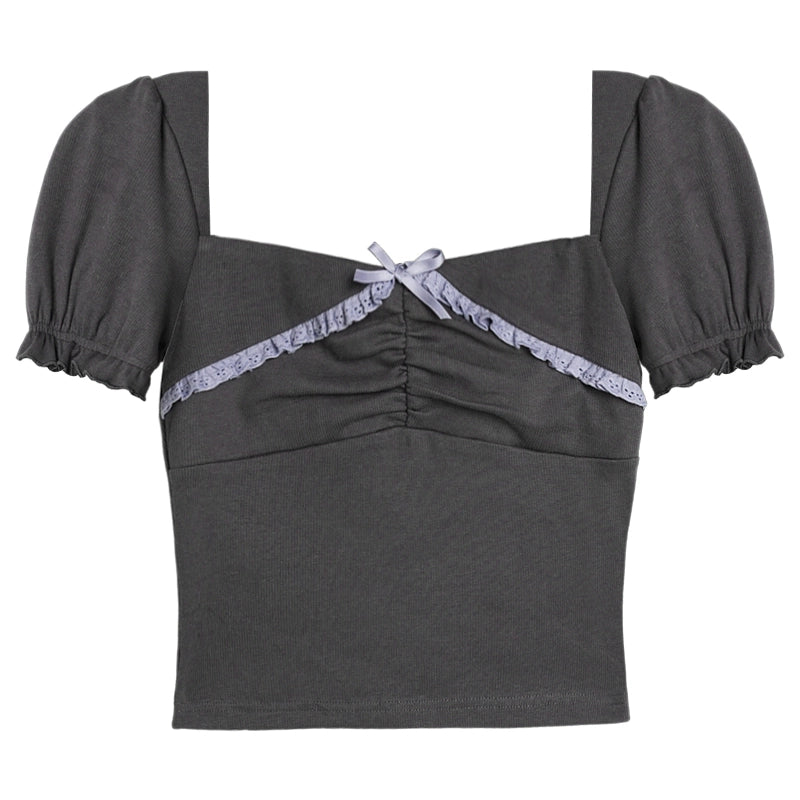 Gray Square Neck Lace Short Sleeve Top