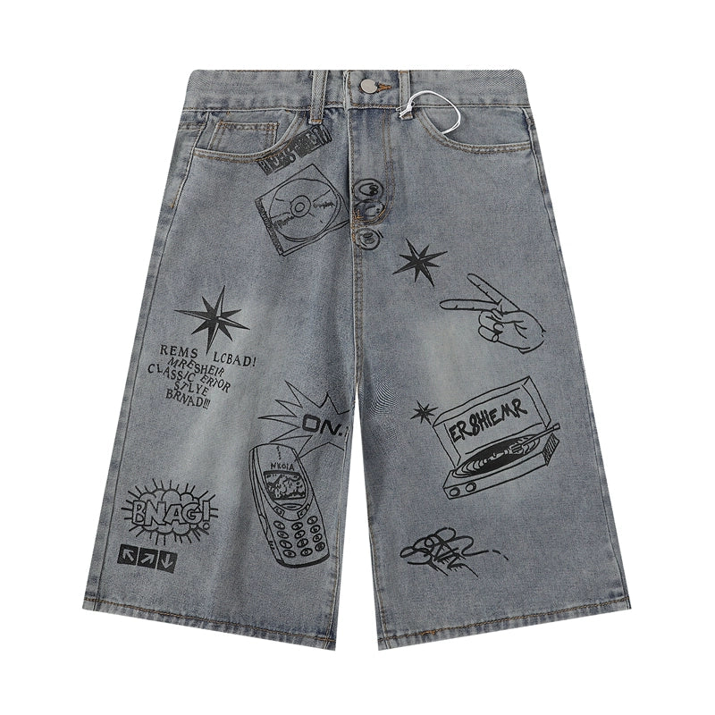 Graffiti Letter Denim Shorts Pants