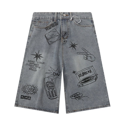 Graffiti Letter Denim Shorts Pants