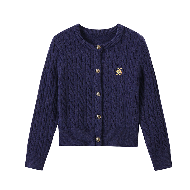 Crewneck twisted wool cardigan