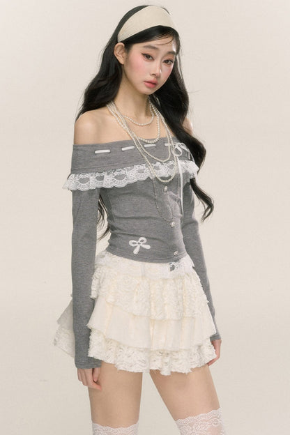 [September 26th 20 o'clock sale] less eye camellia rime one-shoulder lace long-sleeved T-shirt women's early autumn