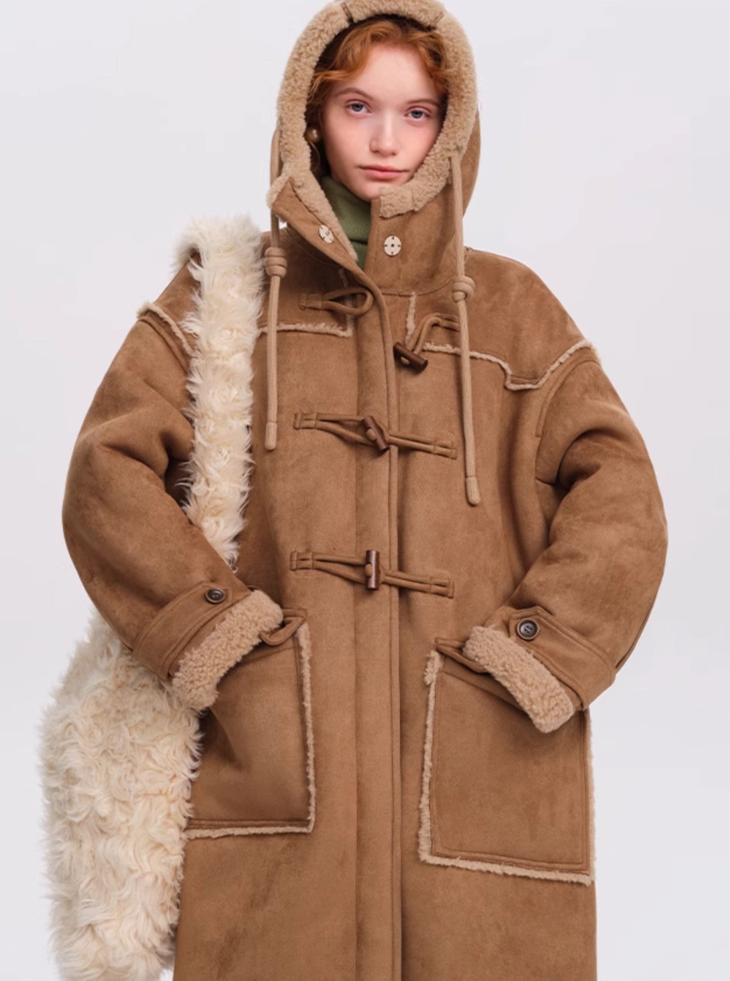 Suede hooded long lambswool coat