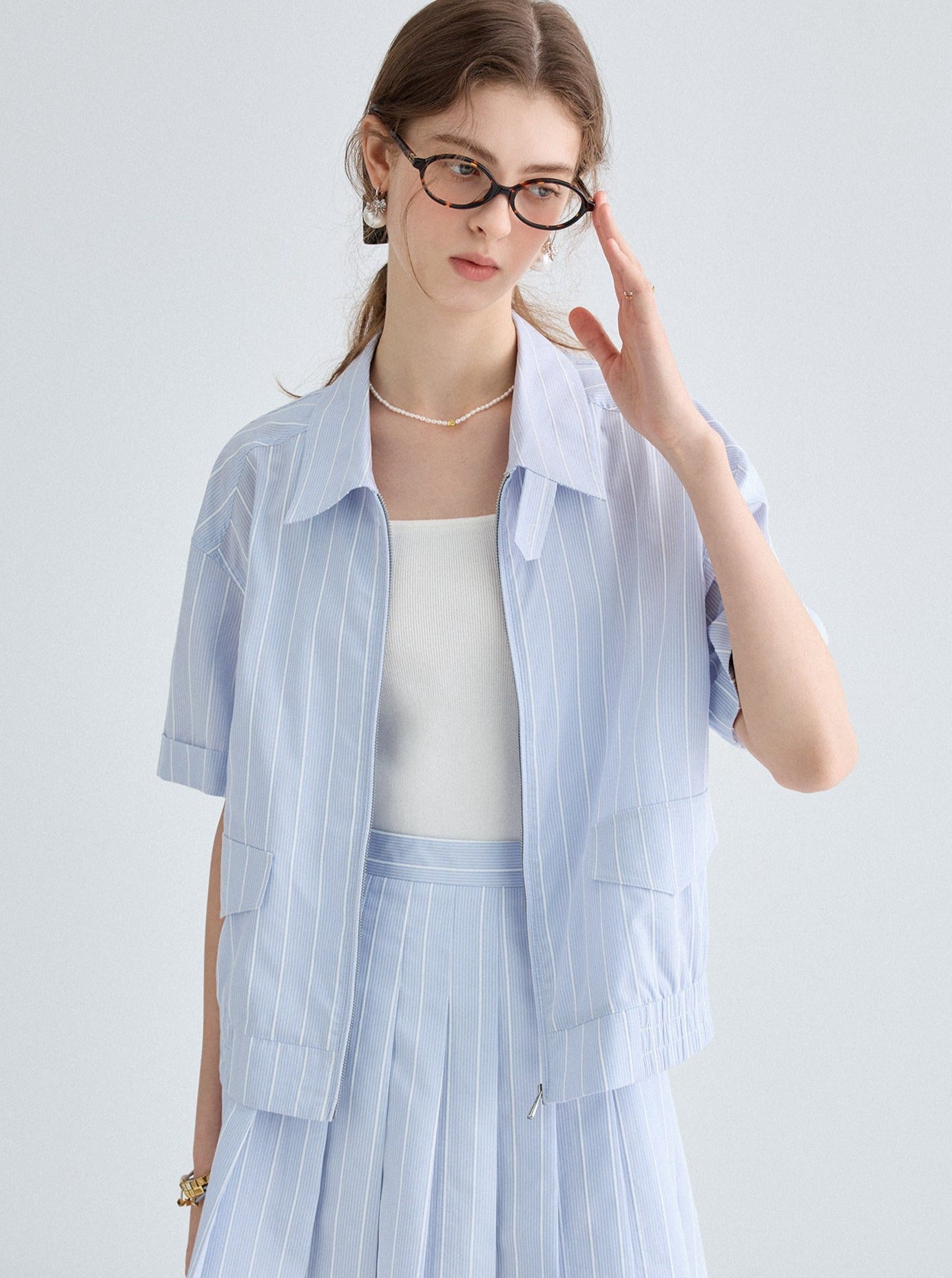 Striped Shirt And Pleated Skirt Set-Up