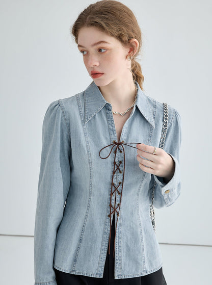 Strappy Washed Denim Slim Shirt