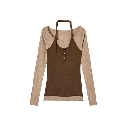 contrast halterneck fake two-piece wool knit top