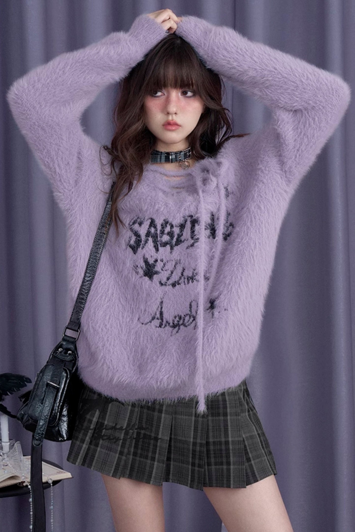 SagiDolls Girl's Fighting Spirit * Halloween Special Edition Samt lila Kaninchen Sweet Cool V-Neck Imitation Mink Fur Loose Sweater