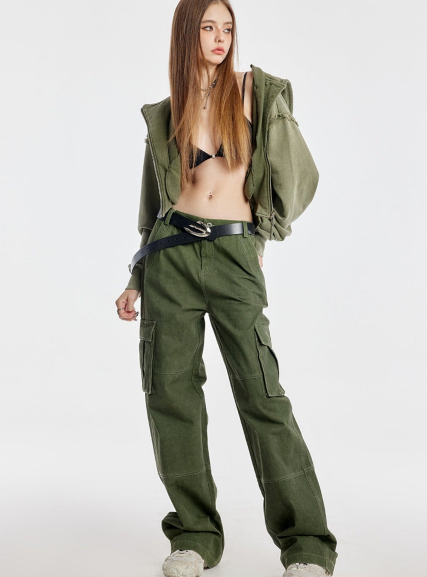 Army Green Straight Cargo Pants