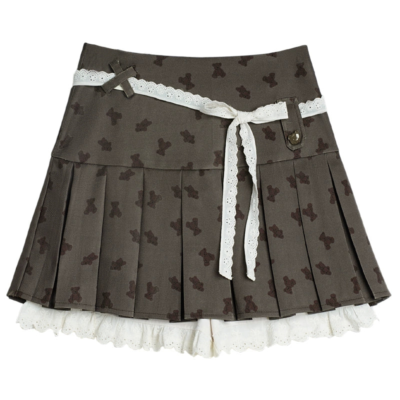 Original Brown Bear Print Pleated Skirt