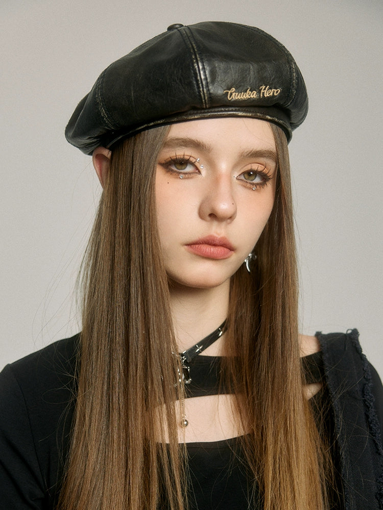 Black Embossed PU Pi Beret Hat