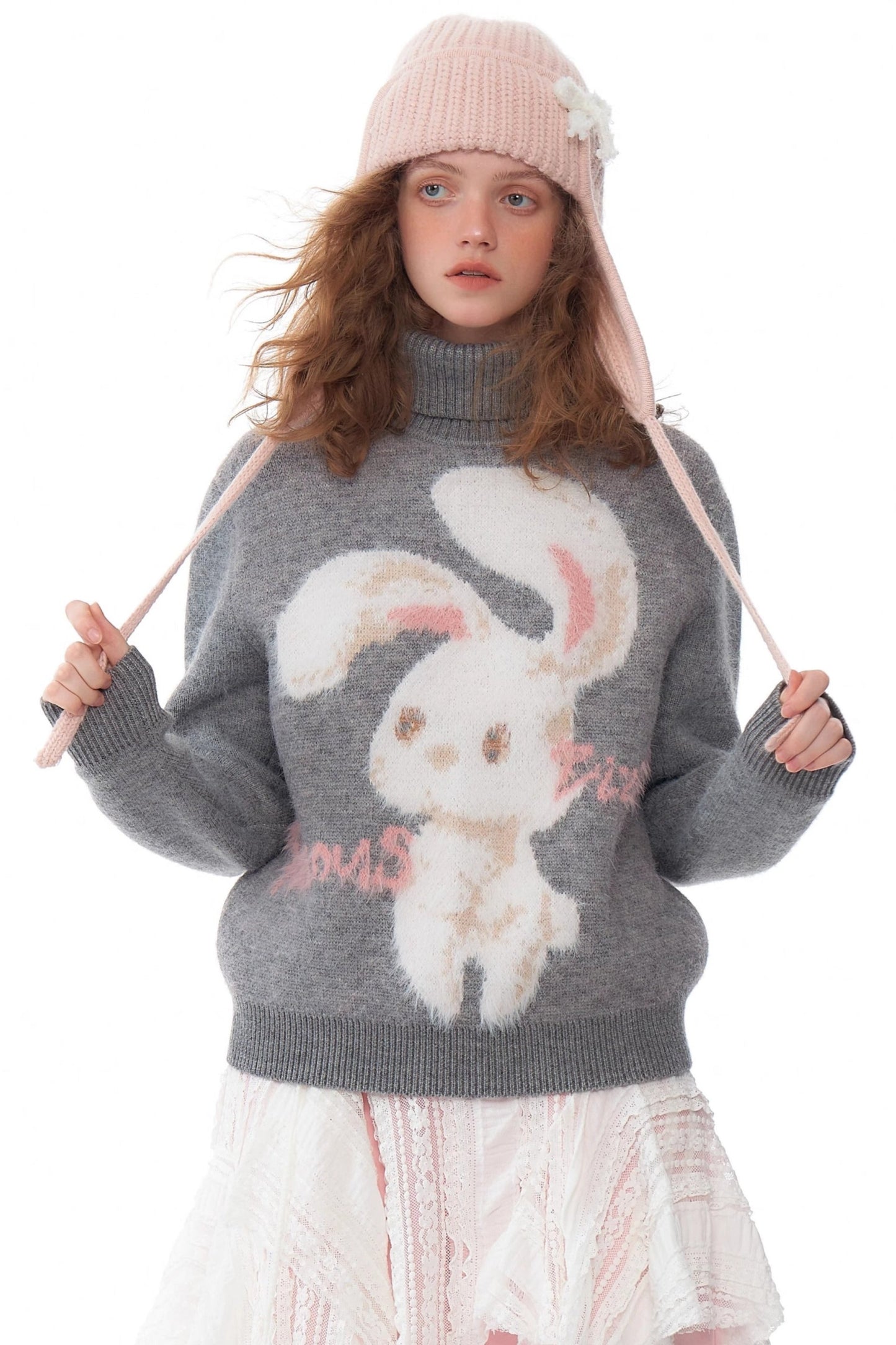 ziziFei autumn and winter American retro design high-quality plush rabbit soft and lazy gray turtleneck sweater women