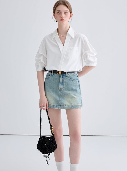 French V-Neck Casual Shirt And Skirt Set-Up