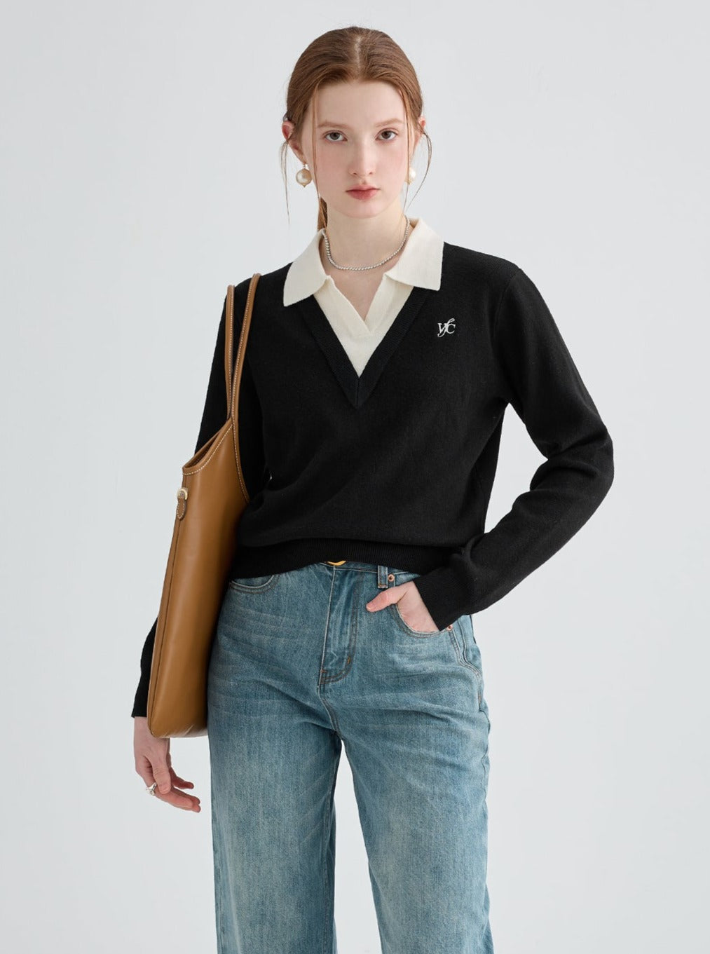 Polo collar pattern wool knitwear tops