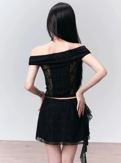 [SNH48 same style] fragile store - Floyd rose black lace one-shoulder short top short skirt