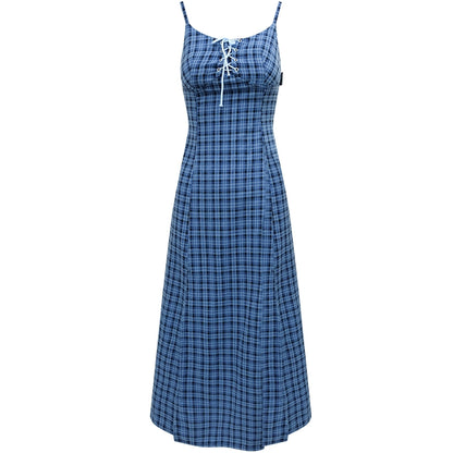 Blue Plaid Slit Strap Dress