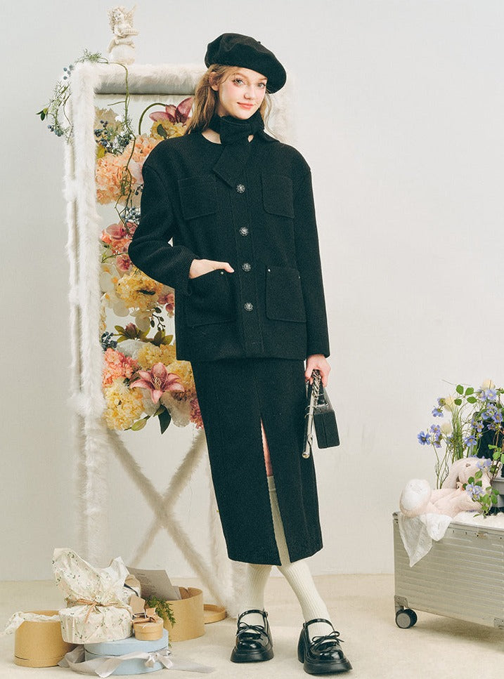 Wool Jacket with Black Slit Skirt Set
