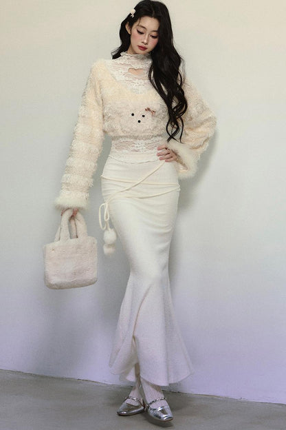 Plush Lace Short Sweater & Fishtail Skirt Set-Up