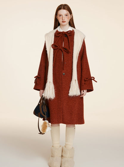 WHITE-RED HOOP TWEED WOOLEN COAT