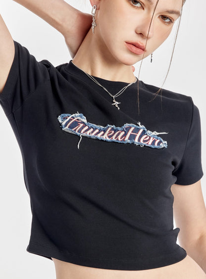 Embroidered Denim Accent Black Top