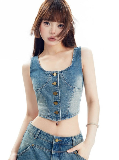 American Denim Wide Leg Short Vest Set-up