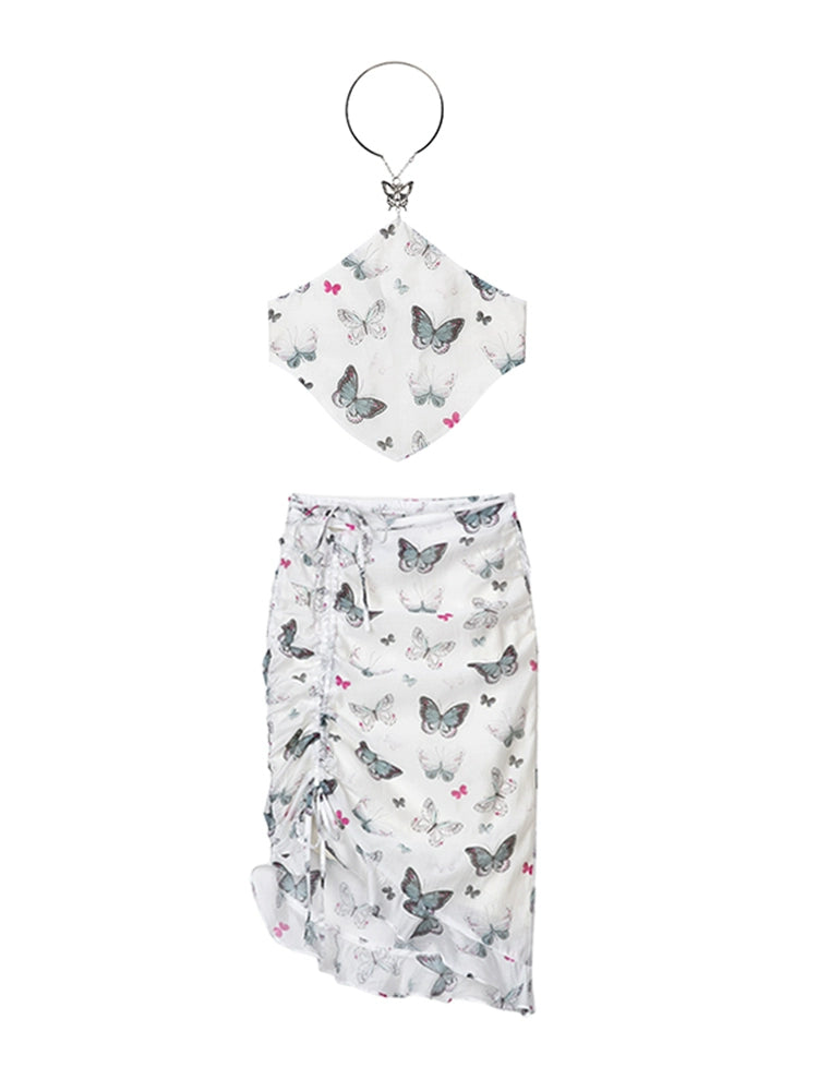 Butterfly Bloom Halter Drawstring Skirt Set-Up