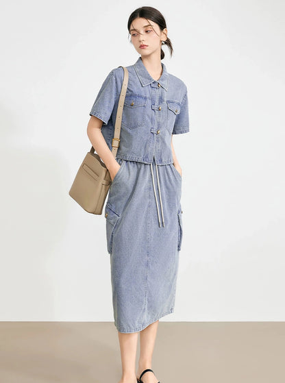 Chinese Denim Shirt Skirt Set