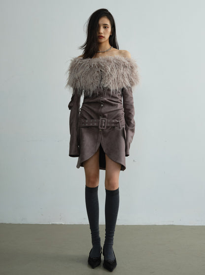 shoulder fur-collared suede dress