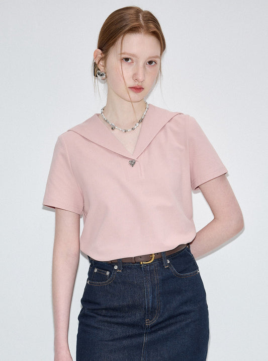 Retro Slim Navy Collar Solid Top