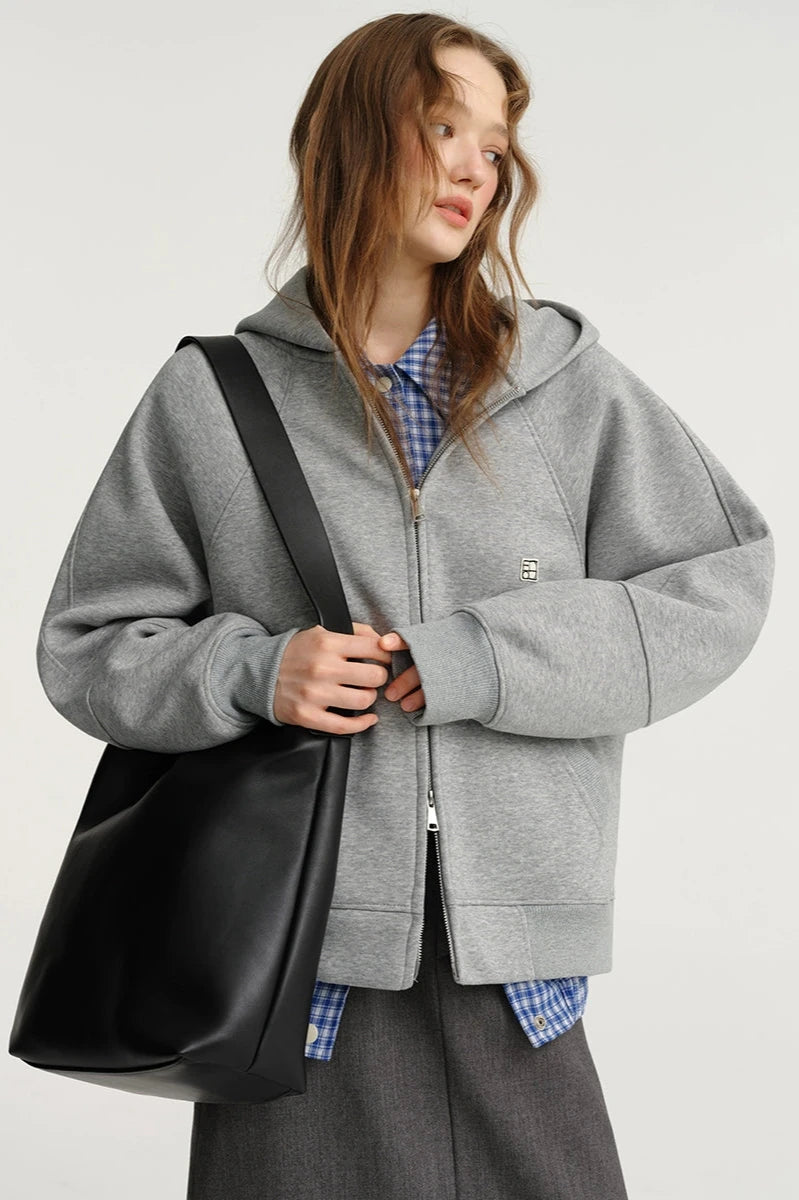 DESIGNER PLUS Grey Heavy 500g Hooded Sweatshirt Autumn Winter Airy Oversize Thick Jacket