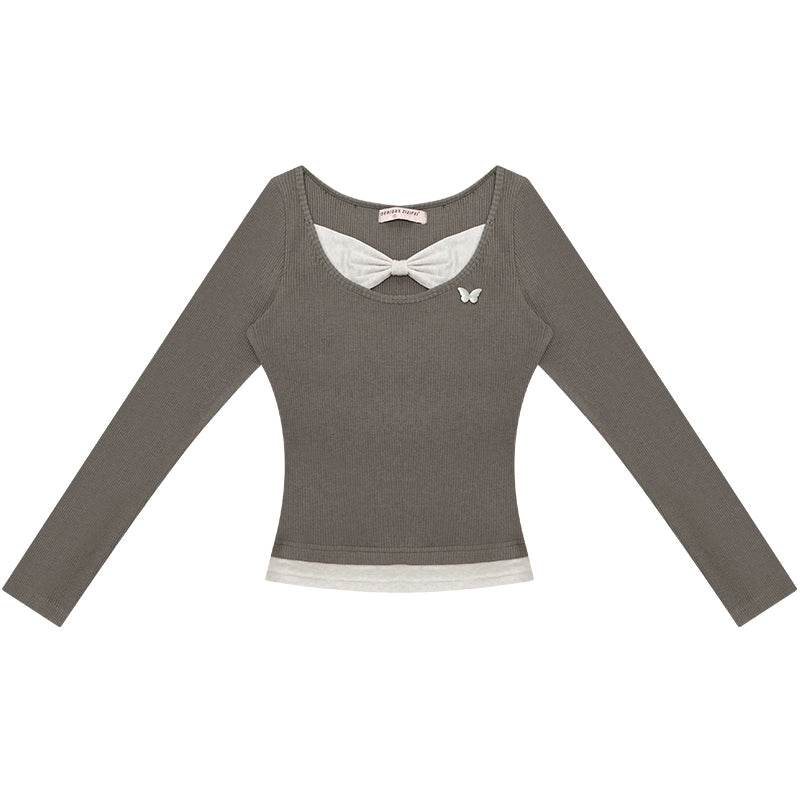 Fake Two Bow Long sleeve T-shirt