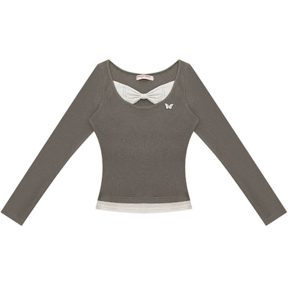 Fake Two Bow Long sleeve T-shirt