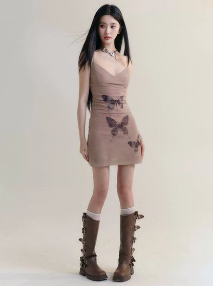 [Spot] fragile shop - crimson hot love hot girl sweet cool butterfly print slip dress slim dress