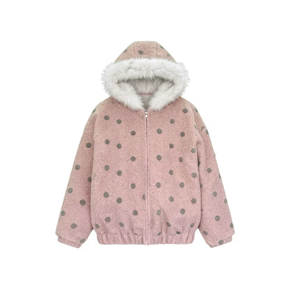 Pink Gray Polka Dot Hooded Jacket