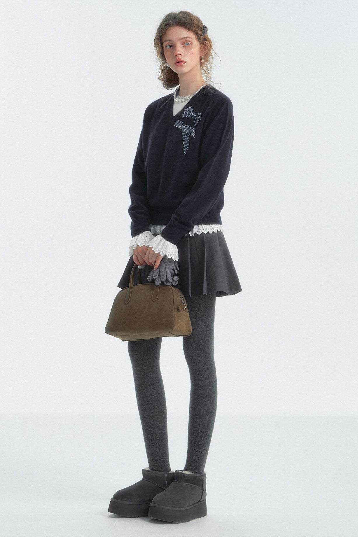 Bow Detail Checked V-Neck Jumper