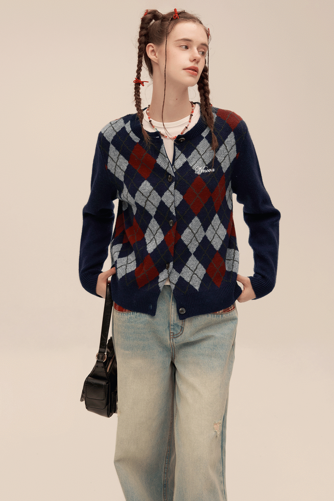 Neck Long Sleeve QUILTED KNIT CARDIGAN